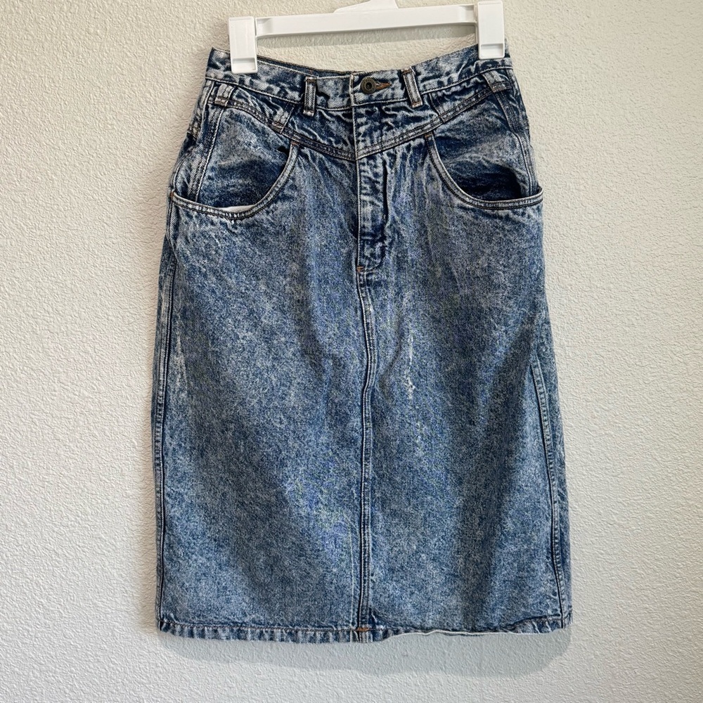 VTG Bonjour Womens Size 12 Acid Wash Denim Y2K Boho Midi Skirt 90's Grunge